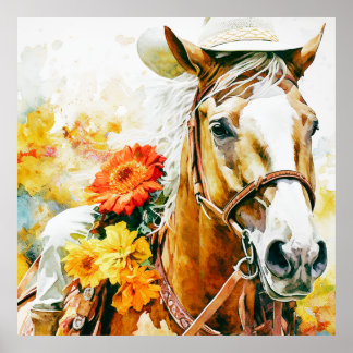 vintage horse wearing cowgirl hat poster