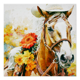 vintage horse wearing cowgirl hat poster
