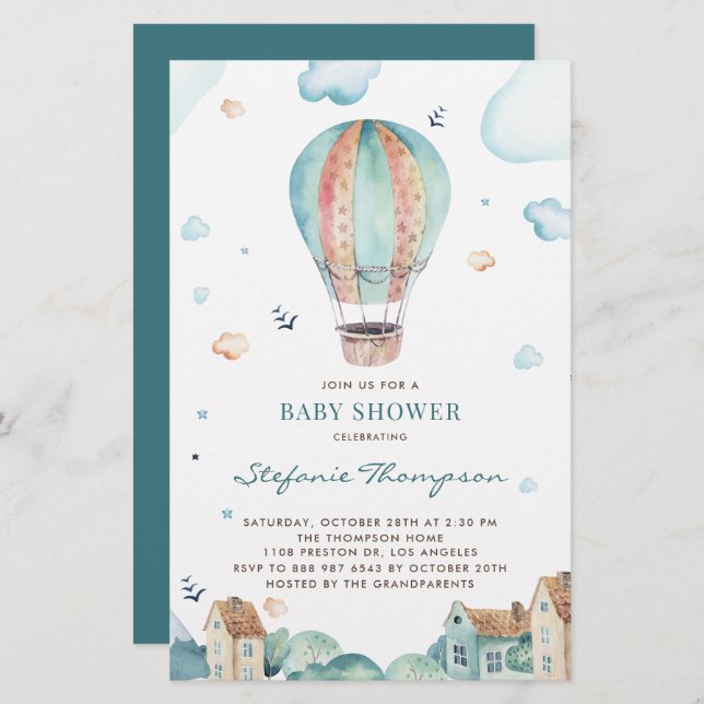 Vintage Hot Air Balloon Boy Baby Shower Invitation (Front/Back)