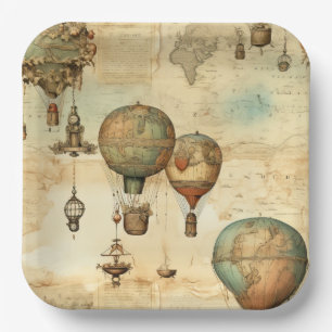 Vintage Hot Air Balloon in a Serene Landscape (12) Paper Plate