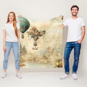 Vintage Hot Air Balloon in a Serene Landscape (1) Fleece Blanket