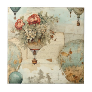 Vintage Hot Air Balloon in a Serene Landscape (3) Ceramic Tile