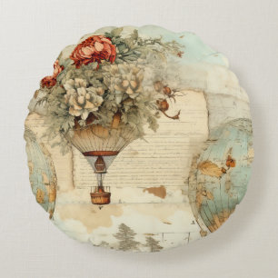 Vintage Hot Air Balloon in a Serene Landscape (3) Round Cushion