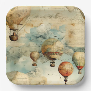 Vintage Hot Air Balloon in a Serene Landscape (6) Paper Plate