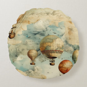 Vintage Hot Air Balloon in a Serene Landscape (6) Round Cushion