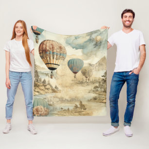 Vintage Hot Air Balloon in a Serene Landscape (7) Fleece Blanket