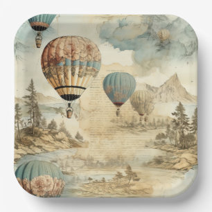 Vintage Hot Air Balloon in a Serene Landscape (7) Paper Plate