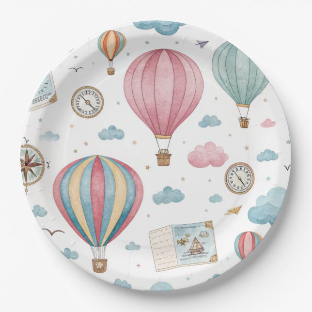 Vintage Hot Air Balloon Pattern (1) Paper Plate (Front)