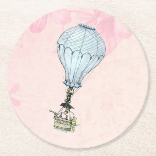 Vintage Hot Air Balloon Wedding Round Paper Coaster