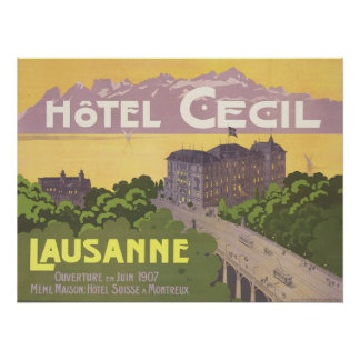 Vintage Hotel Cecil Lausanne 1907 Swiss Art Poster