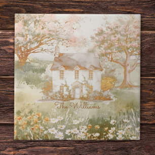 Vintage House in The Green Meadow Cottagecore Art Ceramic Tile