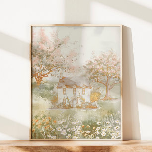 Vintage House in The Green Meadow Cottagecore Art Poster