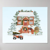 Vintage House Merry Christmas Snow Winter Scene