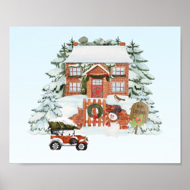 Vintage House Merry Christmas Snow Winter Scene  Poster (Front)