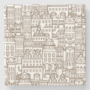 Vintage Houses: Architectural Seamless Pattern. Stone Coaster