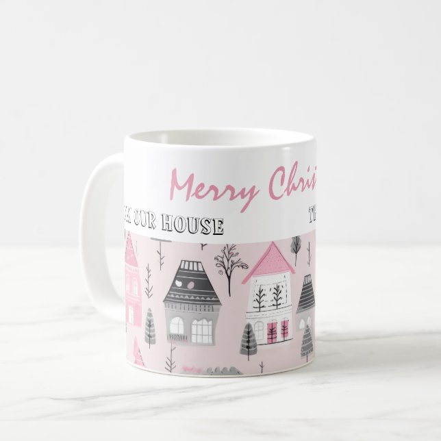 Vintage Houses on Pink Christmas Coffee Mug (Front Left)