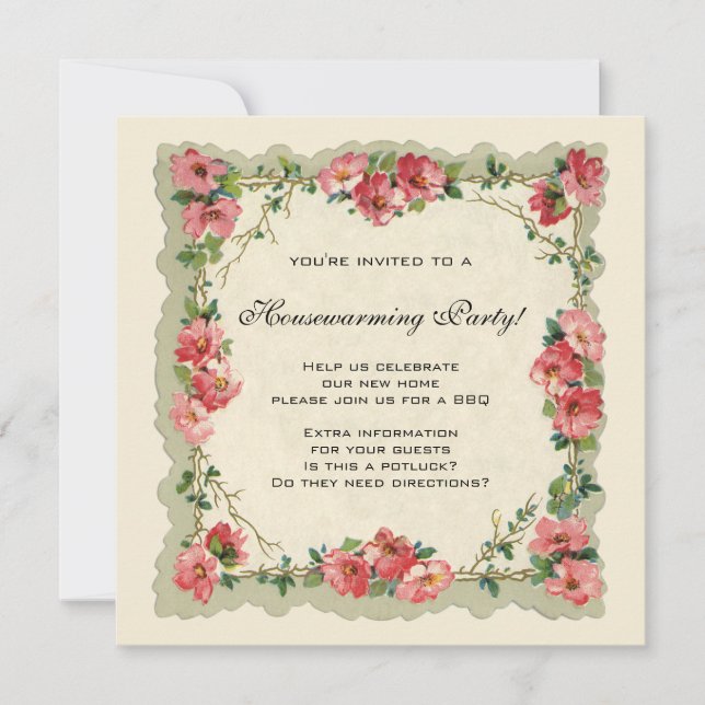 Vintage Housewarming, Antique Roses Flowers Floral Invitation (Front)
