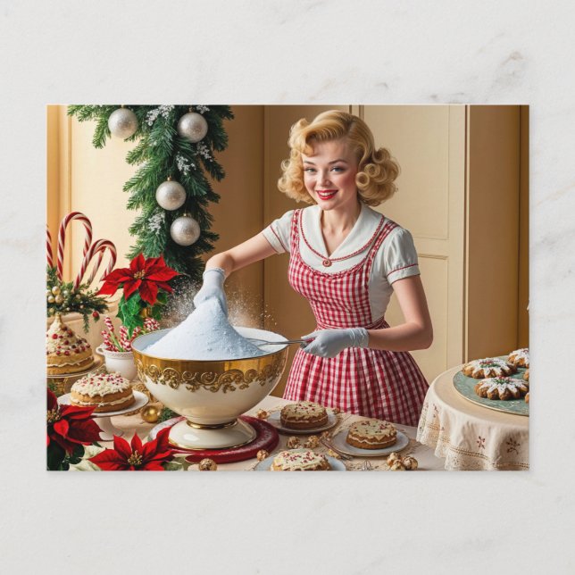 Vintage Housewife Baking Christmas Desserts  Holiday Postcard (Front)