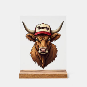 Vintage Howdy Highland Cow Western Trucker Hat Sty Acrylic Sign