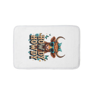 Vintage Howdy Highland Cow with Heart Sunglasses W Bath Mat