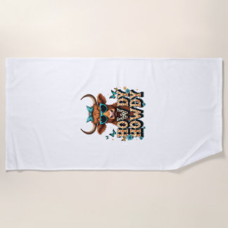 Vintage Howdy Highland Cow with Heart Sunglasses W Beach Towel
