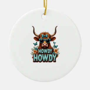 Vintage Howdy Highland Cow with Heart Sunglasses W Ceramic Ornament
