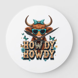 Vintage Howdy Highland Cow with Heart Sunglasses W Large Clock
