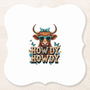 Vintage Howdy Highland Cow with Heart Sunglasses W Paper Coaster