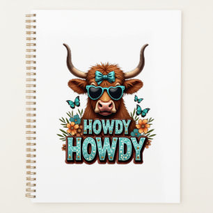 Vintage Howdy Highland Cow with Heart Sunglasses W Planner