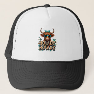 Vintage Howdy Highland Cow with Heart Sunglasses W Trucker Hat