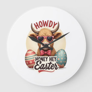 Vintage Howdy Honey Easter Highland Cow Cute Bunny Large Clock