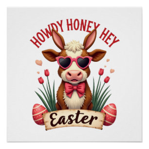 Vintage Howdy Honey Easter Highland Cow Cute Bunny Poster