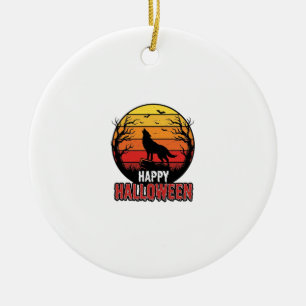 Vintage Howling Wolf Happy Halloween Vector Design Ceramic Ornament
