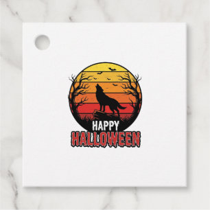 Vintage Howling Wolf Happy Halloween Vector Design Favour Tags