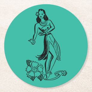 Vintage Hula Dancer Drawing Tiki Bar or Luau Round Paper Coaster