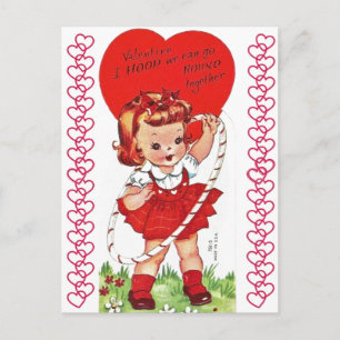 Vintage Hula Hoop Girl Valentine Postcard
