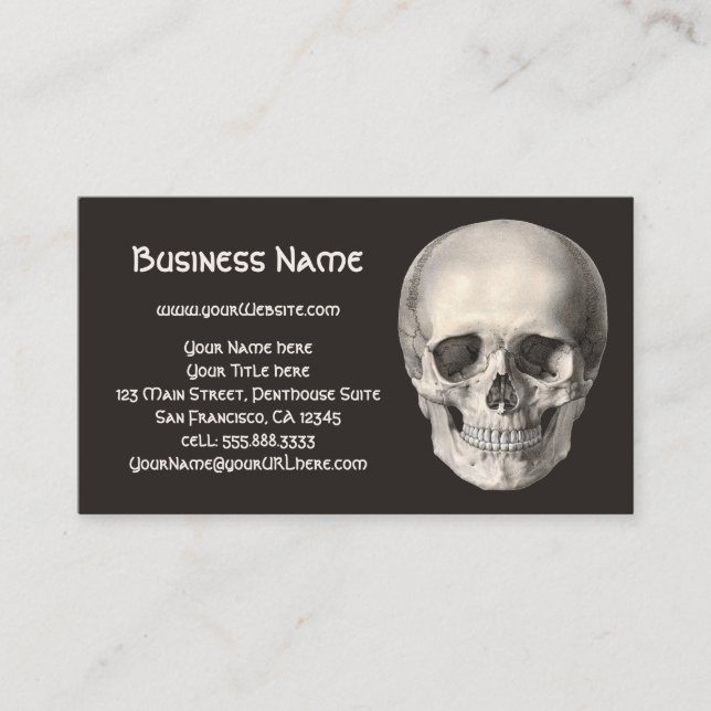 Vintage Human Anatomy Skull, Halloween Skeleton Business Card (Front)