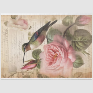 Vintage Hummingbird and Pink Roses Decoupage Tissue Paper