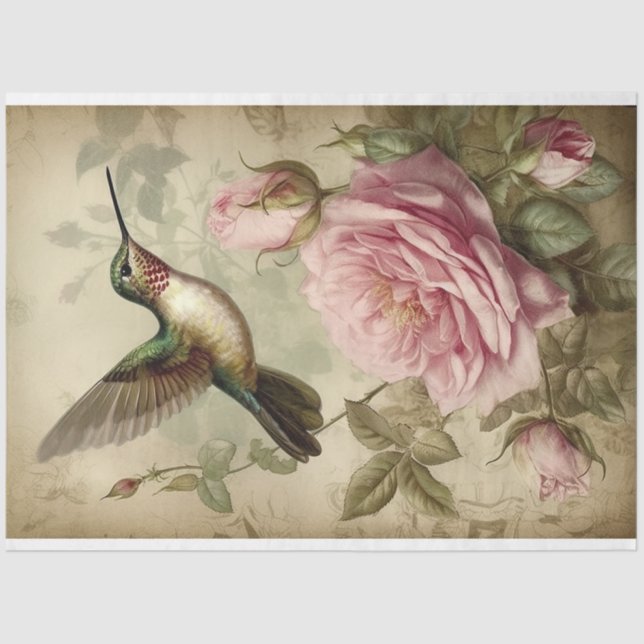 Vintage Hummingbird and Pink Roses Decoupage Tissue Paper (Front)
