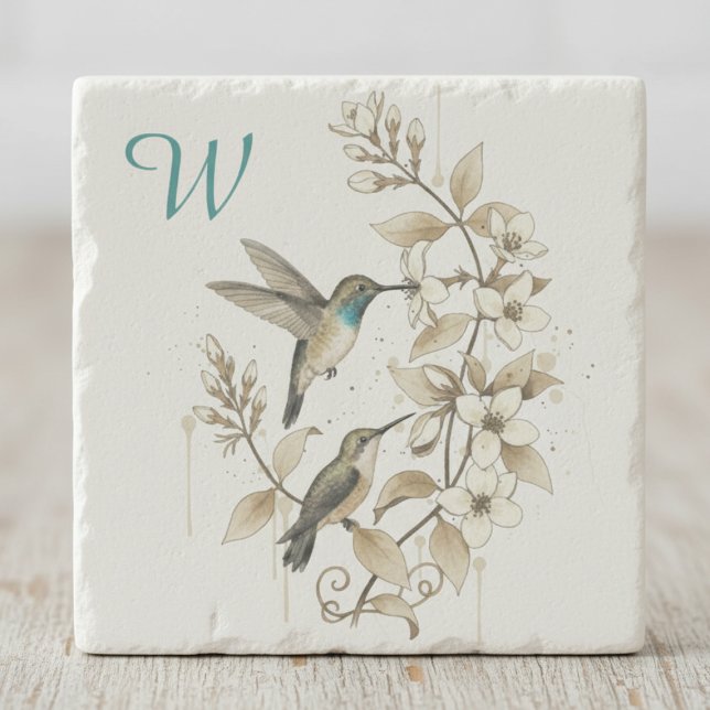 Vintage Hummingbird Botanical Initial Gift Stone Coaster (Hummingbird initial stone coaster)