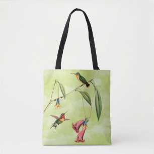 Vintage Hummingbird Illustration on Green Tote Bag