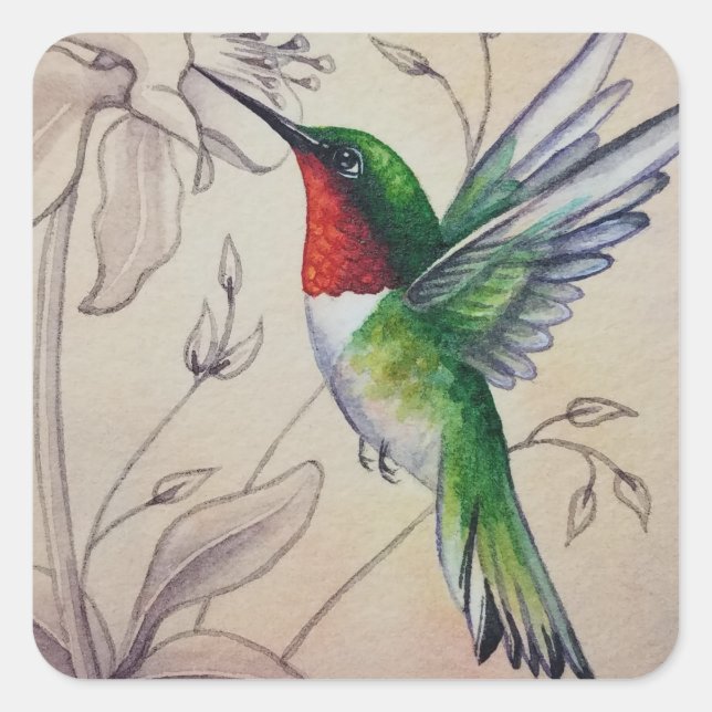 Vintage Hummingbird No. 6 Watercolor Art Square Sticker (Front)