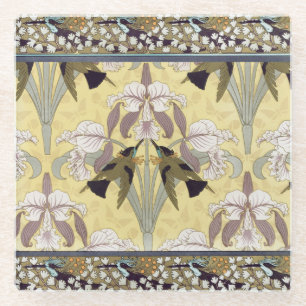 Vintage Hummingbird Orchid Art Nouveau Pattern Glass Coaster
