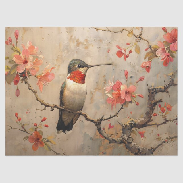 Vintage Hummingbird with Cherry Blossoms Decoupage Tissue Paper (Front)