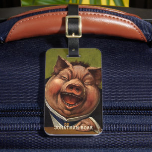 Vintage Humour, Funny Victorian Pig Laughing Luggage Tag