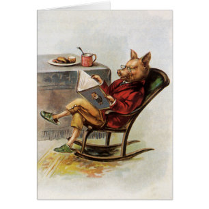 Vintage Humour, Pig in Rocking Chair Reading a