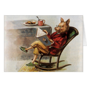 Vintage Humour, Pig in Rocking Chair Reading a Boo