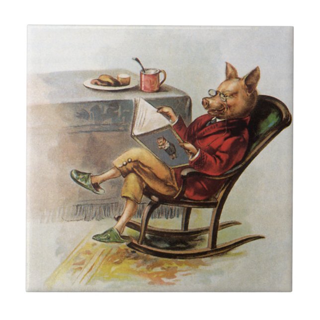 Vintage Humour, Pig in Rocking Chair Reading a Boo Ceramic Tile (Front)