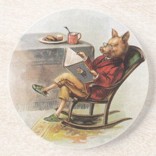 Vintage Humour, Pig in Rocking Chair Reading a Boo Coaster