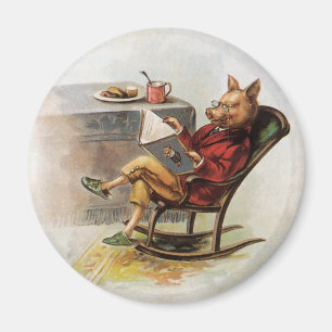 Vintage Humour, Pig in Rocking Chair Reading a Magnet